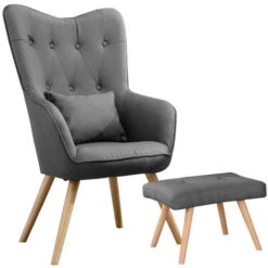 Livingandhome Linen Curved Buttoned Back Armchair With Footstool And Lumbar Pillow, Dark Grey 10 Livingandhome Linen Curved Buttoned Back Armchair With Footstool And Lumbar Pillow, Dark Grey -Living Room Furniture Store 23526878 4