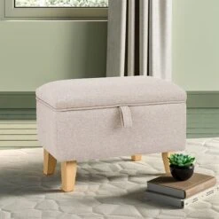 Livingandhome 49CM Linen Storage Organizer Ottoman Footstool, Beige