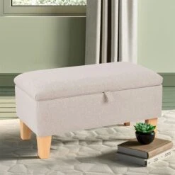 Livingandhome 71CM Linen Storage Organizer Ottoman Footstool, Beige