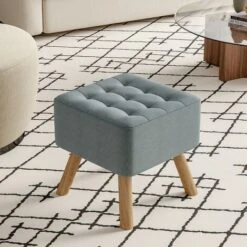 Livingandhome 40CM Square Linen Thick Rest Padded Footstool Wooden Legs, Grey