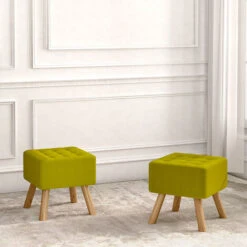 Livingandhome 40CM Square Linen Thick Rest Padded Footstool Wooden Legs, Green -Living Room Furniture Store 23544912 3