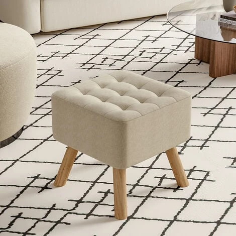 Livingandhome Square Modern Linen Upholstered Footstool Wooden Legs, Beige 3 Livingandhome Square Modern Linen Upholstered Footstool Wooden Legs, Beige
