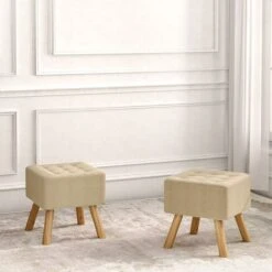 Livingandhome Square Modern Linen Upholstered Footstool Wooden Legs, Beige 9 Livingandhome Square Modern Linen Upholstered Footstool Wooden Legs, Beige -Living Room Furniture Store 23544951 3