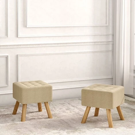 Livingandhome Square Modern Linen Upholstered Footstool Wooden Legs, Beige 5 Livingandhome Square Modern Linen Upholstered Footstool Wooden Legs, Beige - Image 3