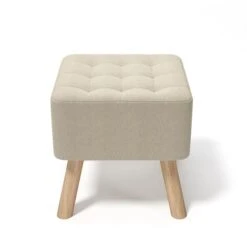 Livingandhome Square Modern Linen Upholstered Footstool Wooden Legs, Beige 10 Livingandhome Square Modern Linen Upholstered Footstool Wooden Legs, Beige -Living Room Furniture Store 23544951 4