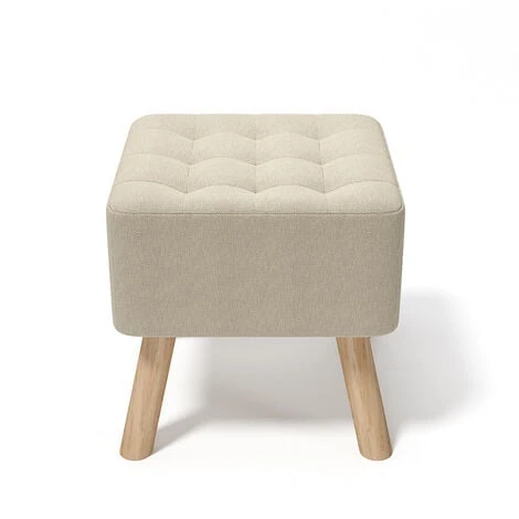 Livingandhome Square Modern Linen Upholstered Footstool Wooden Legs, Beige 6 Livingandhome Square Modern Linen Upholstered Footstool Wooden Legs, Beige - Image 4