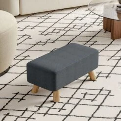 Livingandhome 57CM Square Linen Ottoman Footstool Wooden Legs, Dark Grey