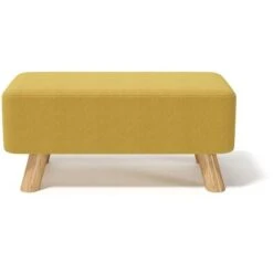 Livingandhome 57CM Square Linen Ottoman Footstool Wooden Legs, Yellow -Living Room Furniture Store 23544957 3