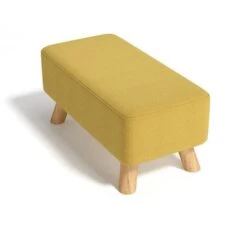Livingandhome 57CM Square Linen Ottoman Footstool Wooden Legs, Yellow -Living Room Furniture Store 23544957 4