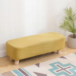 Livingandhome 81CM Square Linen Ottoman Footstool 2 Seaters Wooden Legs, Yellow