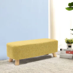 Livingandhome 81CM Square Linen Ottoman Footstool 2 Seaters Wooden Legs, Yellow -Living Room Furniture Store 23544959 3