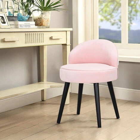 Livingandhome Vintage Velvet Dressing Table Stool Black Wooden Legs, Pink 4 Livingandhome Vintage Velvet Dressing Table Stool Black Wooden Legs, Pink - Image 2
