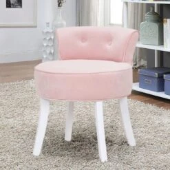 Livingandhome Velvet Vanity Stool Soft Seat Low Back With White Wooden Legs, Pink