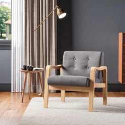 Livingandhome Modern Linen Fabric Buttoned Armchair Soild Wooden Frame, Grey -Living Room Furniture Store 23545611 3