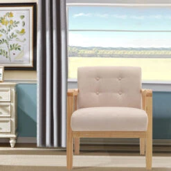 Livingandhome Modern Linen Fabric Buttoned Armchair Soild Wooden Frame, Beige -Living Room Furniture Store 23545618 2