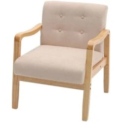 Livingandhome Modern Linen Fabric Buttoned Armchair Soild Wooden Frame, Beige -Living Room Furniture Store 23545618 3