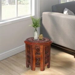 Beautiful Round Carved Wooden Coffee Table Side End Table [Mahogany,Small 12"x12"x12" 30.5cm] -Living Room Furniture Store 23750392 4