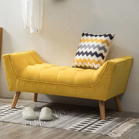 Livingandhome Chenille Footstool Window Seat Sofa Soil Wood Legs, Yellow 3 Livingandhome Chenille Footstool Window Seat Sofa Soil Wood Legs, Yellow