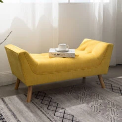 Livingandhome Chenille Footstool Window Seat Sofa Soil Wood Legs, Yellow 9 Livingandhome Chenille Footstool Window Seat Sofa Soil Wood Legs, Yellow -Living Room Furniture Store 23750418 3