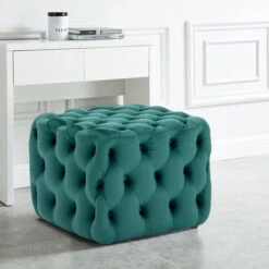 Livingandhome 50CM Square Velvet Buttoned Footstool, Dark Green