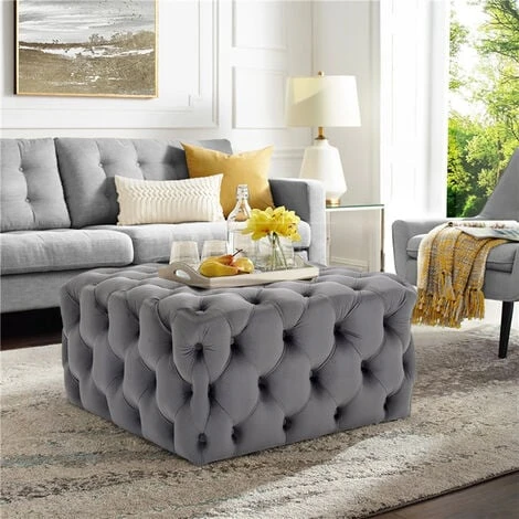 Livingandhome 70CM Square Velvet Buttoned Footstool, Grey 4 Livingandhome 70CM Square Velvet Buttoned Footstool, Grey - Image 2
