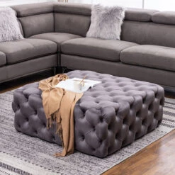 Livingandhome 100CM Square Velvet Buttoned Footstool, Grey