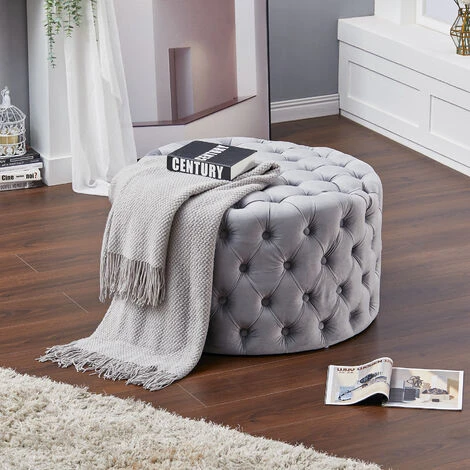 Livingandhome 82CM Round Frosted Velvet Buttoned Footstool, Light Grey 3 Livingandhome 82CM Round Frosted Velvet Buttoned Footstool, Light Grey