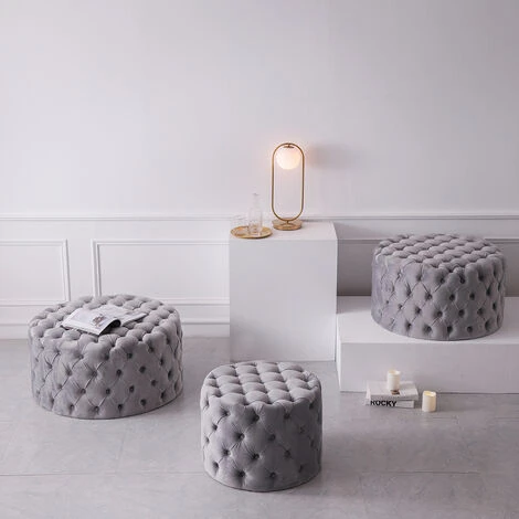 Livingandhome 82CM Round Frosted Velvet Buttoned Footstool, Light Grey 4 Livingandhome 82CM Round Frosted Velvet Buttoned Footstool, Light Grey - Image 2