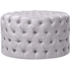 Livingandhome 82CM Round Frosted Velvet Buttoned Footstool, Light Grey 9 Livingandhome 82CM Round Frosted Velvet Buttoned Footstool, Light Grey -Living Room Furniture Store 23750520 3