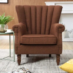 Livingandhome Pleated Wingback Armchair With Cushion,Coffee