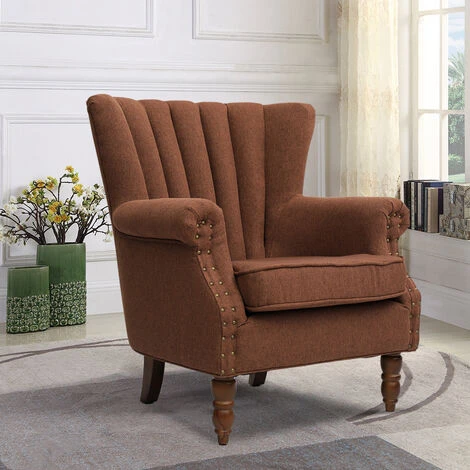 Livingandhome Pleated Wingback Armchair With Cushion,Coffee 4 Livingandhome Pleated Wingback Armchair With Cushion,Coffee - Image 2