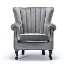 Livingandhome Velvet Pleated Wingback Armchair, Grey 9 Livingandhome Velvet Pleated Wingback Armchair, Grey -Living Room Furniture Store 23758854 3