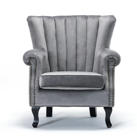 Livingandhome Velvet Pleated Wingback Armchair, Grey 5 Livingandhome Velvet Pleated Wingback Armchair, Grey - Image 3