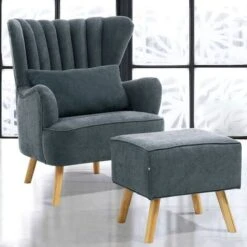 Livingandhome Suede Wingback Armchair With Footstool And Lumbar Pillow, Dark Grey -Living Room Furniture Store 23758878 3