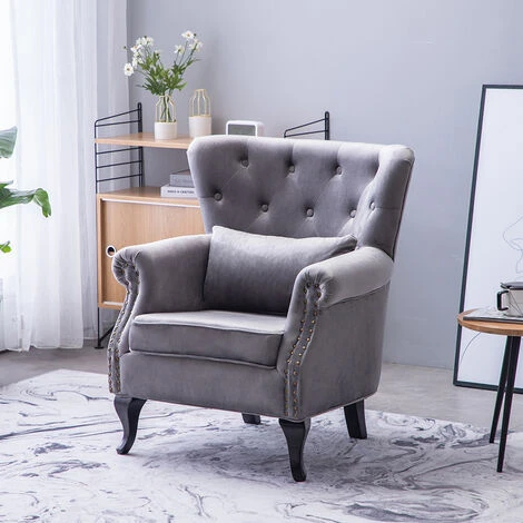 Livingandhome Grey Velvet Armchair With Thick Cushion And Lumbar Pillow 4 Livingandhome Grey Velvet Armchair With Thick Cushion And Lumbar Pillow - Image 2