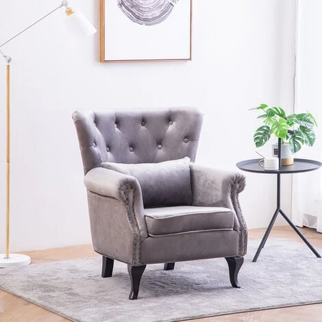 Livingandhome Grey Velvet Armchair With Thick Cushion And Lumbar Pillow 5 Livingandhome Grey Velvet Armchair With Thick Cushion And Lumbar Pillow - Image 3