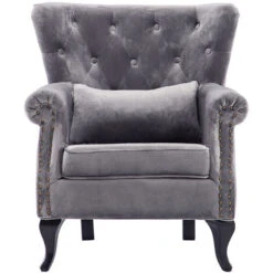 Livingandhome Grey Velvet Armchair With Thick Cushion And Lumbar Pillow 10 Livingandhome Grey Velvet Armchair With Thick Cushion And Lumbar Pillow -Living Room Furniture Store 23758952 4