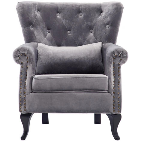 Livingandhome Grey Velvet Armchair With Thick Cushion And Lumbar Pillow 6 Livingandhome Grey Velvet Armchair With Thick Cushion And Lumbar Pillow - Image 4