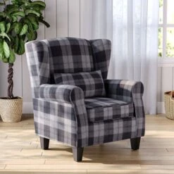 Livingandhome Chesterfield Tartan High Back Armchair With Thick Cushion And Pillow, Grey