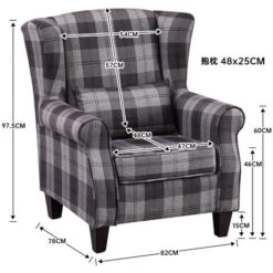 Livingandhome Chesterfield Tartan High Back Armchair With Thick Cushion And Pillow, Grey -Living Room Furniture Store 23759151 5