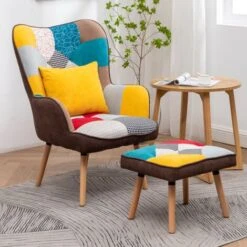 Livingandhome Multicolor Wingback Lounge Chair With Footstool And Pillow