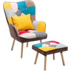 Livingandhome Multicolor Wingback Lounge Chair With Footstool And Pillow -Living Room Furniture Store 23759415 3