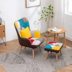 Livingandhome Multicolor Wingback Lounge Chair With Footstool And Pillow -Living Room Furniture Store 23759415 5