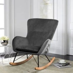 Livingandhome Linen Rocking Chair Armchair With Pocket, Dark Grey 8 Livingandhome Linen Rocking Chair Armchair With Pocket, Dark Grey -Living Room Furniture Store 23759439 2