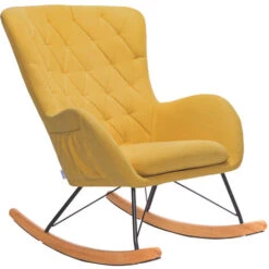 Livingandhome Rhombus Linen Rocking Chair Armchair With Pocket, Yellow -Living Room Furniture Store 23759441 3