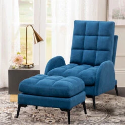Livingandhome Frosted Velvet Recliner Armchair With Thickened Footstool, Blue