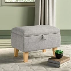 Livingandhome 49CM Linen Storage Organizer Ottoman Footstool, Light Grey