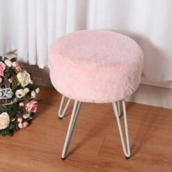 Livingandhome 35CM Round Fluffy Velvet Dressing Table Stool Wire Legs, Pink