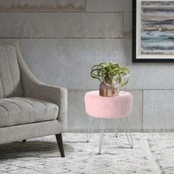 Livingandhome 35CM Round Fluffy Velvet Dressing Table Stool Wire Legs, Pink 9 Livingandhome 35CM Round Fluffy Velvet Dressing Table Stool Wire Legs, Pink -Living Room Furniture Store 24121931 3