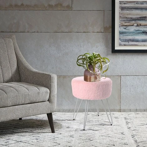 Livingandhome 35CM Round Fluffy Velvet Dressing Table Stool Wire Legs, Pink 5 Livingandhome 35CM Round Fluffy Velvet Dressing Table Stool Wire Legs, Pink - Image 3